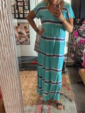 Chaps Maxi Tie-Dye Stripe Scoop Neck Dress in Teal NWT